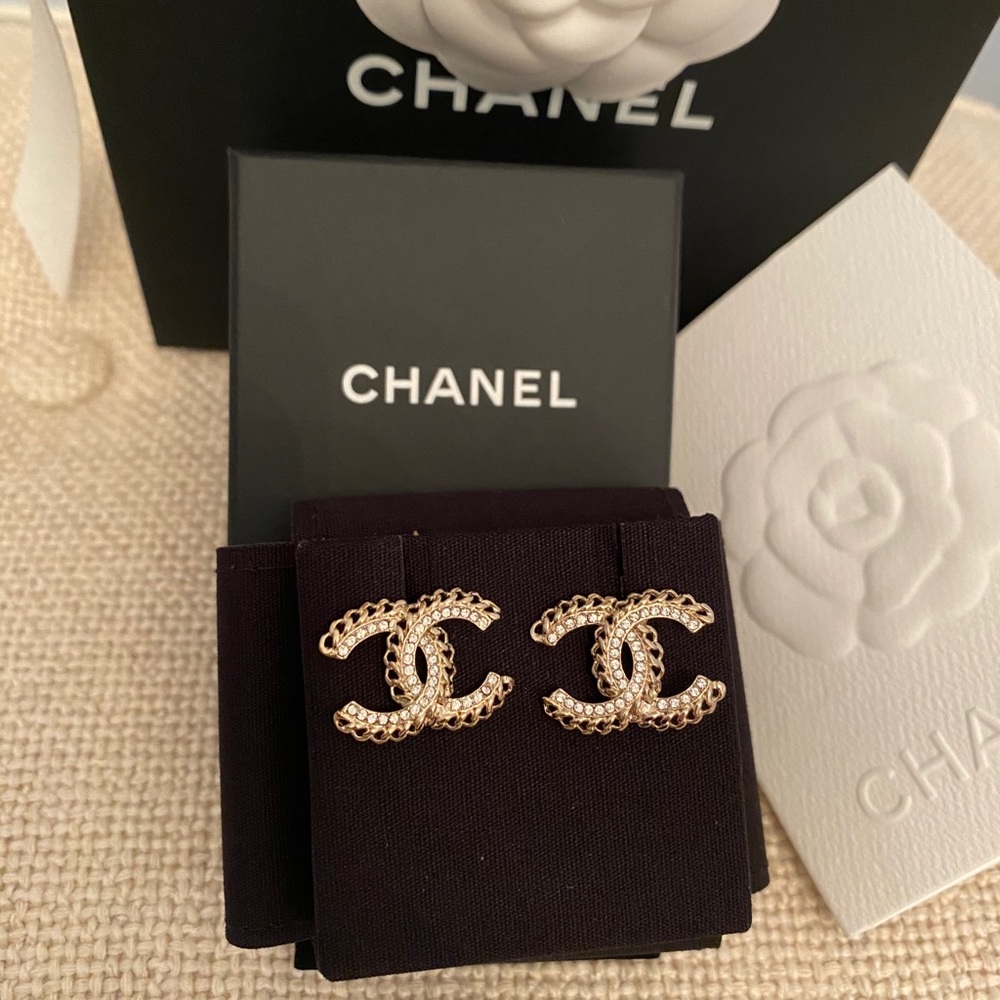 Chanel Light Gold Stud CC Earrings Crystals chain